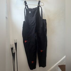 Lucy and Yak size 16 black dungarees w/red embroidered flowers